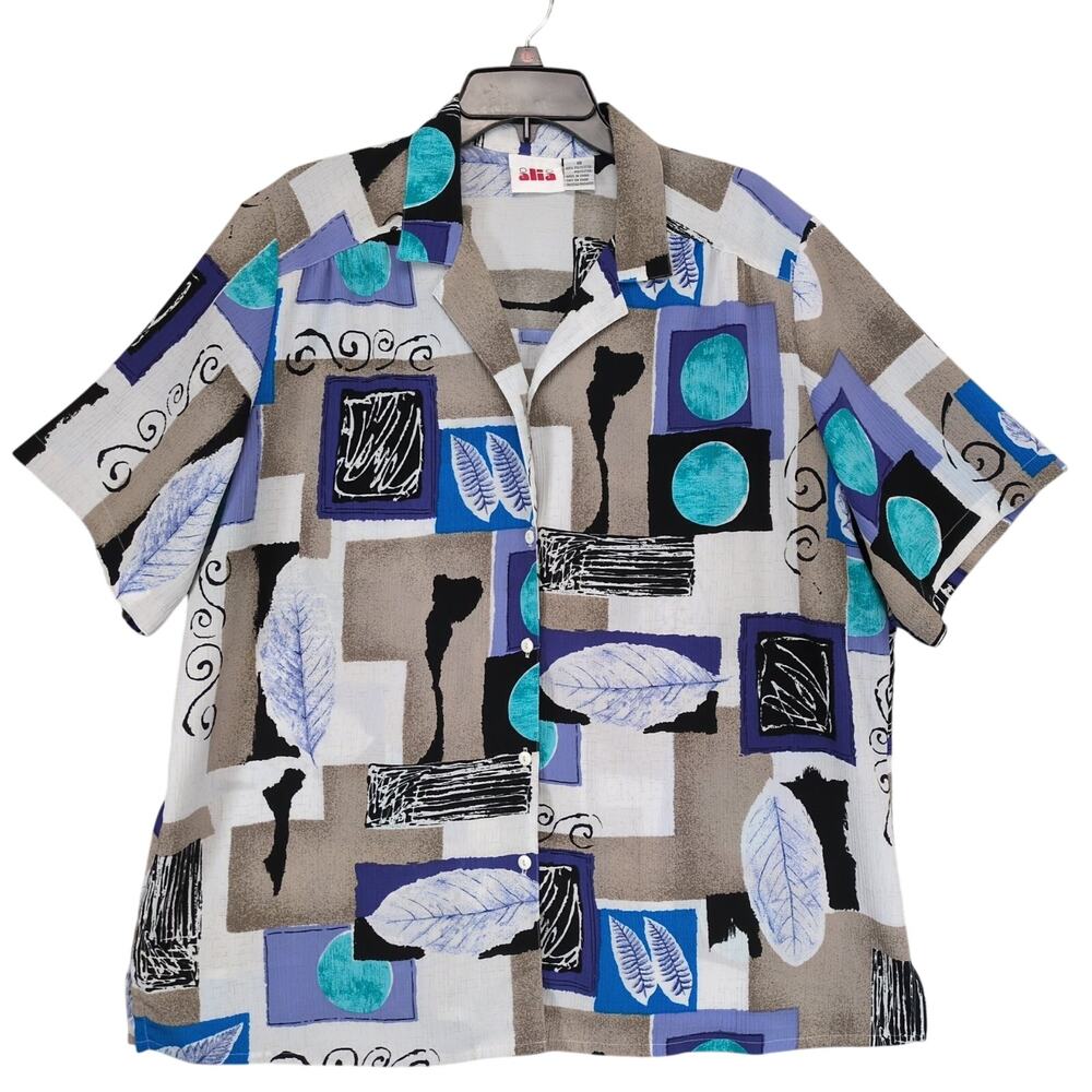 Vtg 90s-Y2K Alia Women's Plus 18 Retro Funky Print Button‎ Up Shirt Blouse Artsy